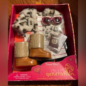 OUR GENERATION Doll Outfit Travel Chic Jacket Top Tights Boots Glasses Passport